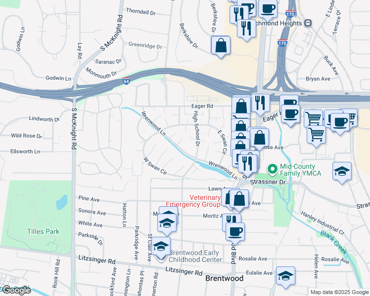 map of restaurants, bars, coffee shops, grocery stores, and more near 9059 Wrenwood Lane in Brentwood