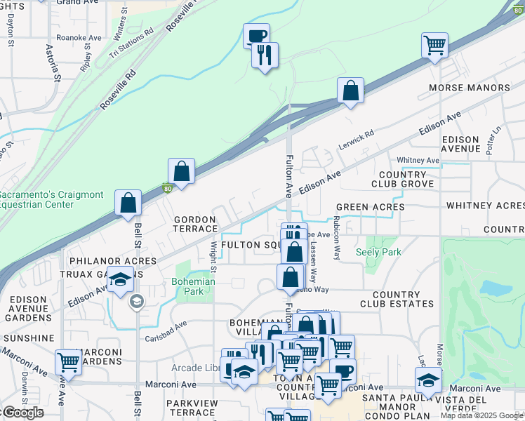 map of restaurants, bars, coffee shops, grocery stores, and more near 2526 Edison Ave in Sacramento