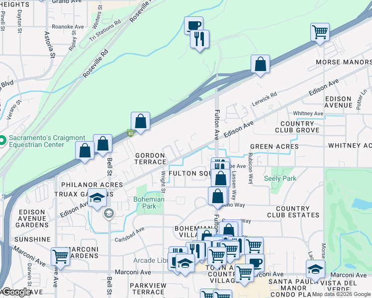 map of restaurants, bars, coffee shops, grocery stores, and more near 2501 Edison Avenue in Sacramento