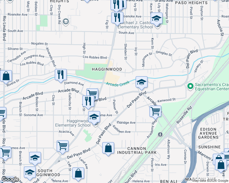 map of restaurants, bars, coffee shops, grocery stores, and more near 3228 Palmer Street in Sacramento