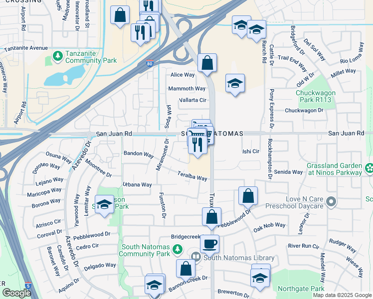 map of restaurants, bars, coffee shops, grocery stores, and more near 550 Del Verde Circle in Sacramento