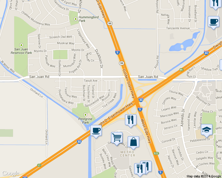 map of restaurants, bars, coffee shops, grocery stores, and more near 3107 Brunnet Lane in Sacramento