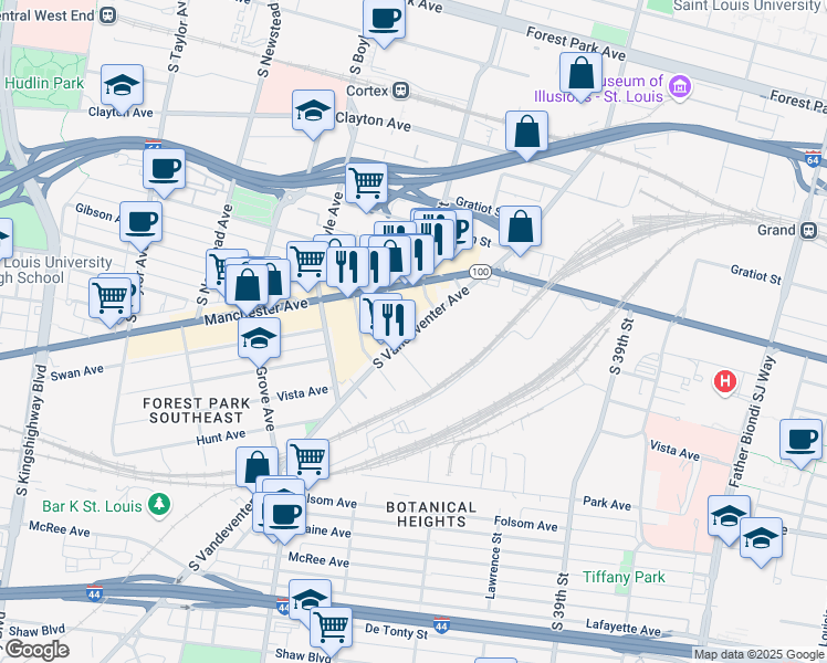 map of restaurants, bars, coffee shops, grocery stores, and more near 1229 S Vandeventer Ave in St Louis