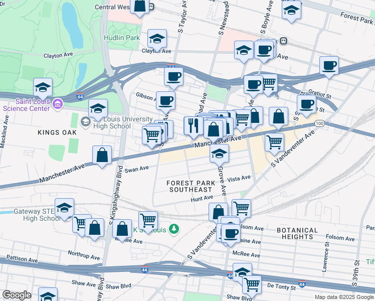 map of restaurants, bars, coffee shops, grocery stores, and more near 4370 Manchester Avenue in St. Louis