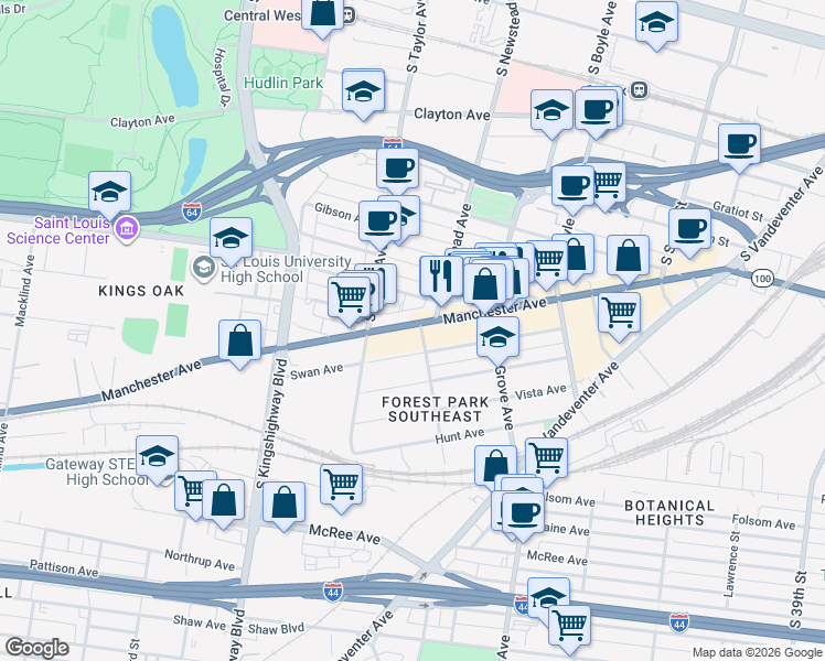 map of restaurants, bars, coffee shops, grocery stores, and more near 4370 Manchester Avenue in St. Louis