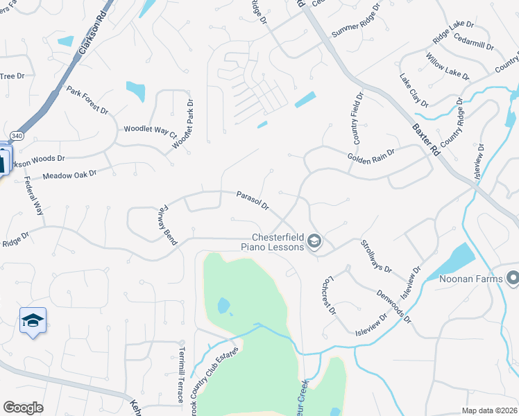 map of restaurants, bars, coffee shops, grocery stores, and more near 2071 Parasol Drive in Chesterfield