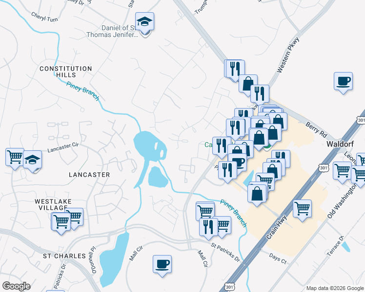 map of restaurants, bars, coffee shops, grocery stores, and more near 2998 Mourning Dove Place in Waldorf