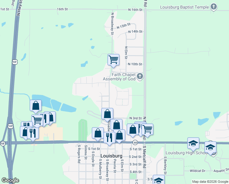 map of restaurants, bars, coffee shops, grocery stores, and more near 612 McKenna in Louisburg