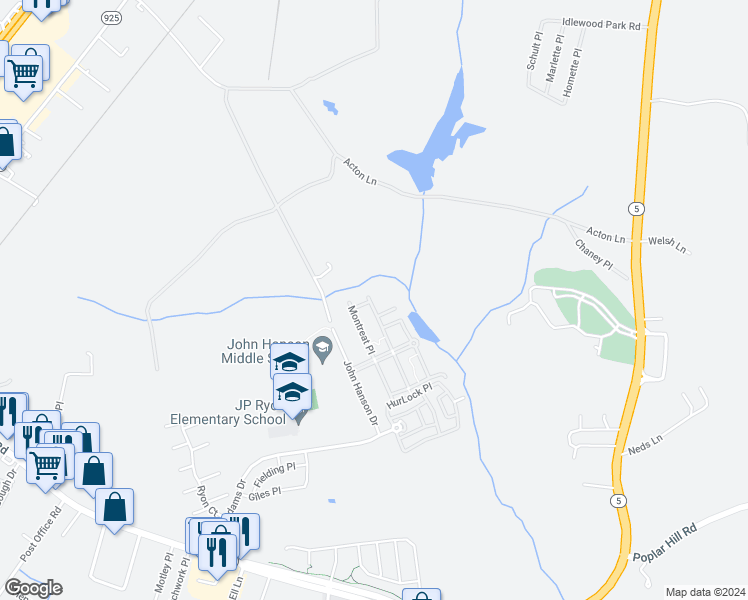 map of restaurants, bars, coffee shops, grocery stores, and more near 12206 Timberlake Place in Waldorf