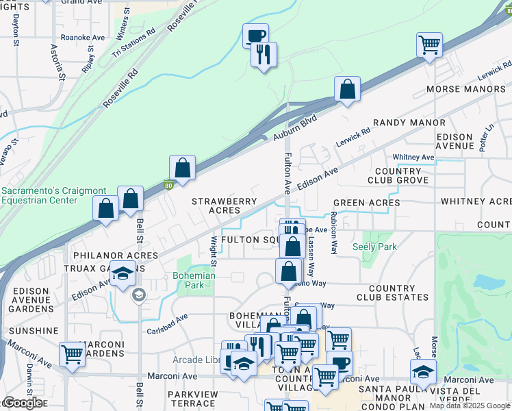 map of restaurants, bars, coffee shops, grocery stores, and more near 2509 Edison Avenue in Sacramento