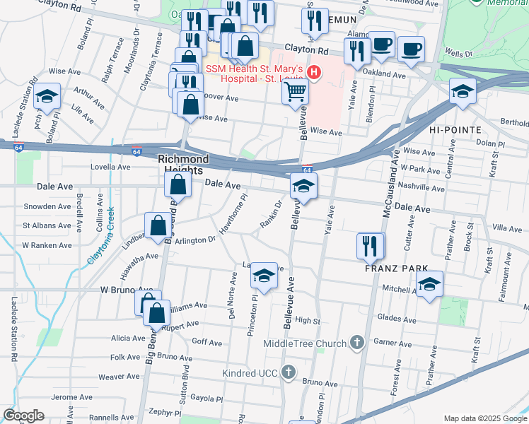 map of restaurants, bars, coffee shops, grocery stores, and more near 1425 Rankin Drive in Richmond Heights