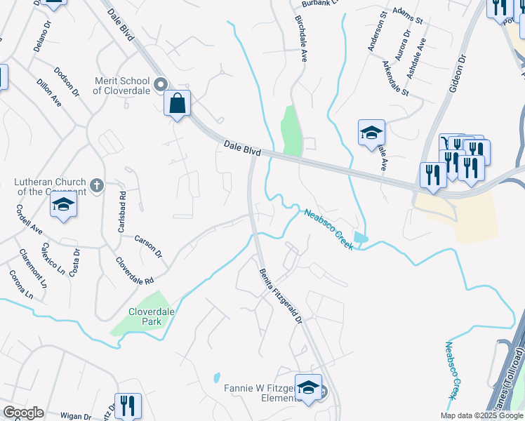 map of restaurants, bars, coffee shops, grocery stores, and more near 15703 Cloverdale Road in Dale City