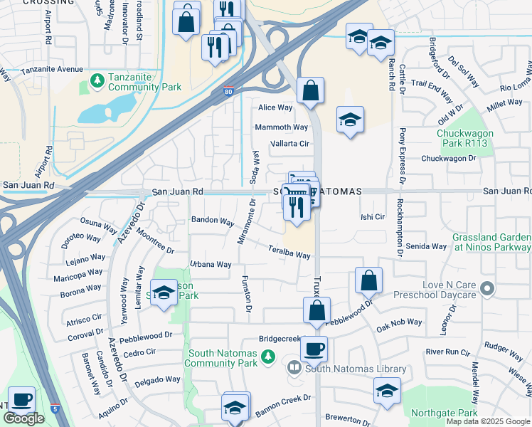 map of restaurants, bars, coffee shops, grocery stores, and more near 201 Del Verde Circle in Sacramento