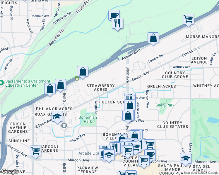 map of restaurants, bars, coffee shops, grocery stores, and more near 2501 Edison Avenue in Sacramento