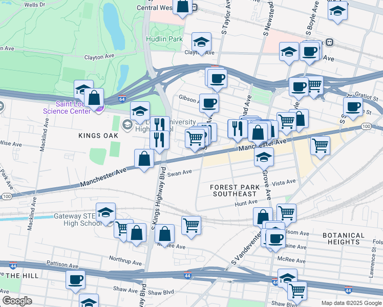 map of restaurants, bars, coffee shops, grocery stores, and more near 4525 Manchester Avenue in St. Louis