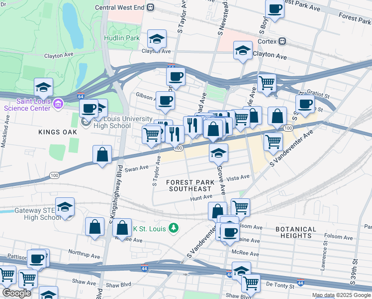 map of restaurants, bars, coffee shops, grocery stores, and more near 4370 Manchester Avenue in St. Louis