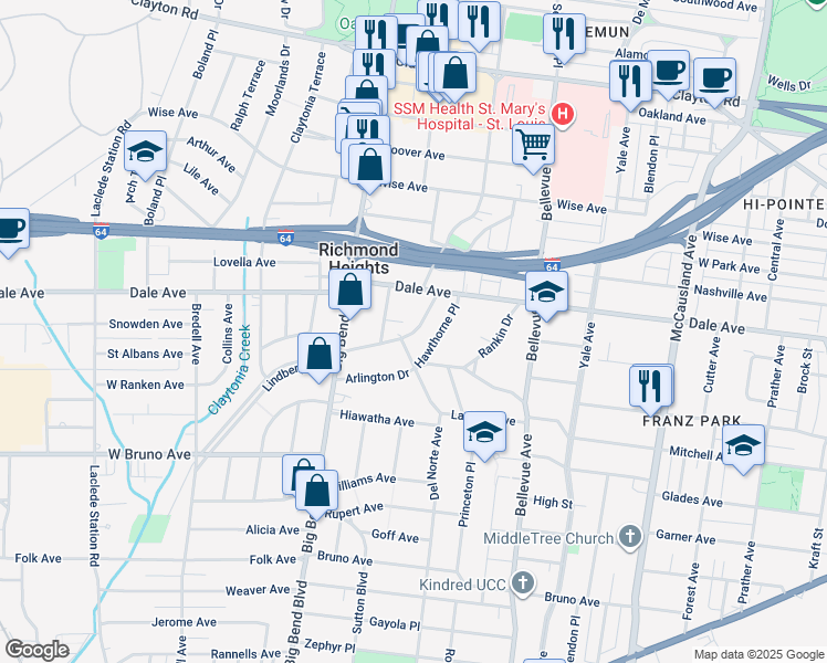 map of restaurants, bars, coffee shops, grocery stores, and more near 7333 Lindbergh Drive in Richmond Heights