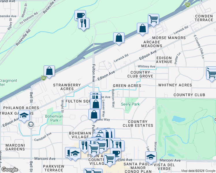 map of restaurants, bars, coffee shops, grocery stores, and more near 2660 Ball Way in Sacramento