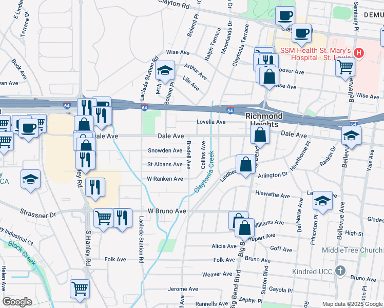 map of restaurants, bars, coffee shops, grocery stores, and more near 1420 Bredell Avenue in Richmond Heights
