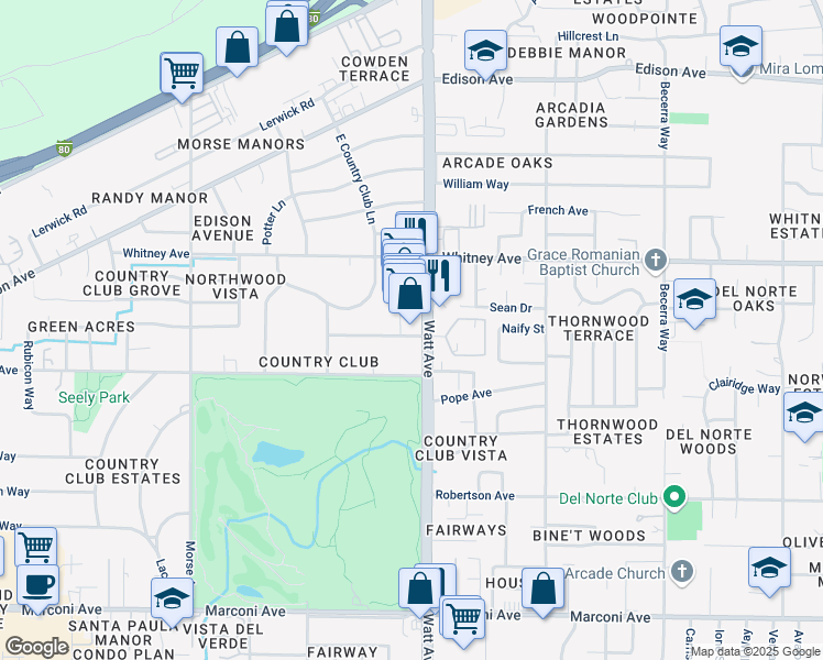 map of restaurants, bars, coffee shops, grocery stores, and more near 3319 Watt Avenue in Sacramento