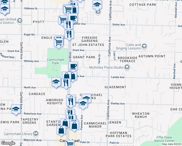 map of restaurants, bars, coffee shops, grocery stores, and more near 3409 Grant Park Drive in Carmichael