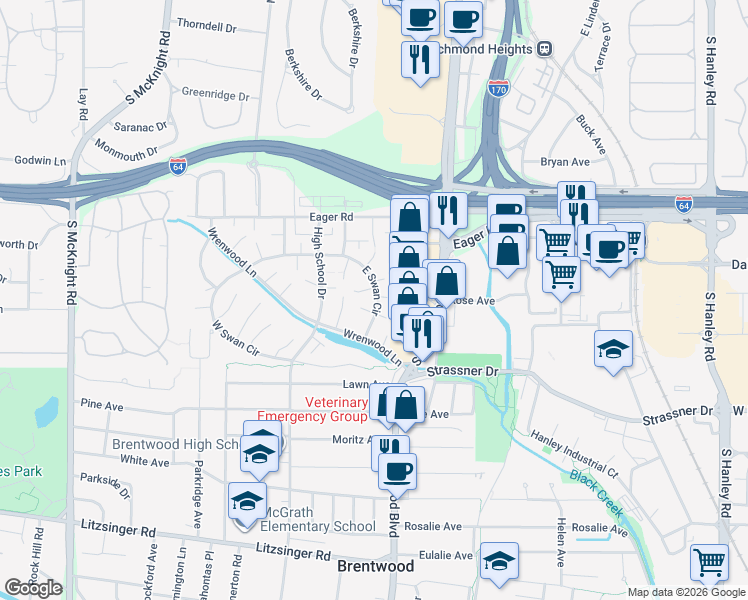 map of restaurants, bars, coffee shops, grocery stores, and more near 1605 East Swan Circle in Brentwood