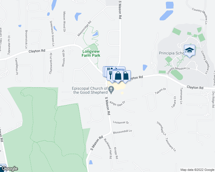 map of restaurants, bars, coffee shops, grocery stores, and more near 1128 South Mason Road in St. Louis