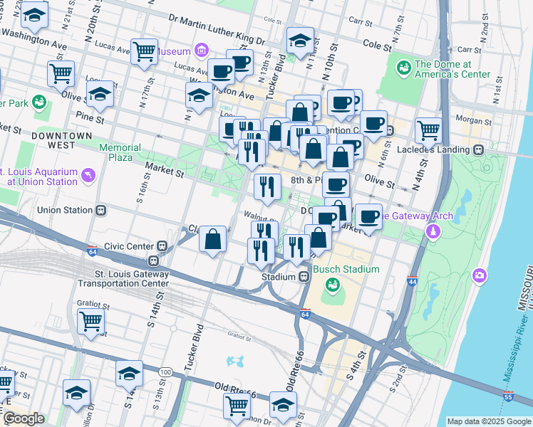 map of restaurants, bars, coffee shops, grocery stores, and more near 1010 Market Street in St. Louis