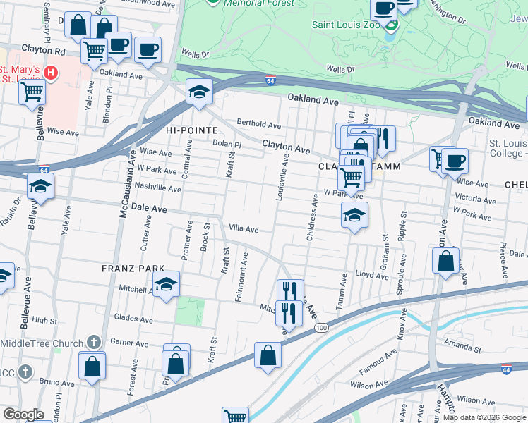map of restaurants, bars, coffee shops, grocery stores, and more near 1342 San Jacinto Court in St. Louis