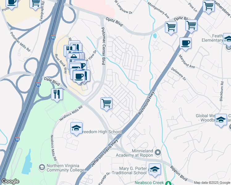 map of restaurants, bars, coffee shops, grocery stores, and more near 15213 Lancashire Drive in Woodbridge