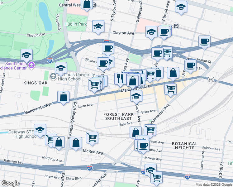 map of restaurants, bars, coffee shops, grocery stores, and more near 4370 Manchester Avenue in St. Louis