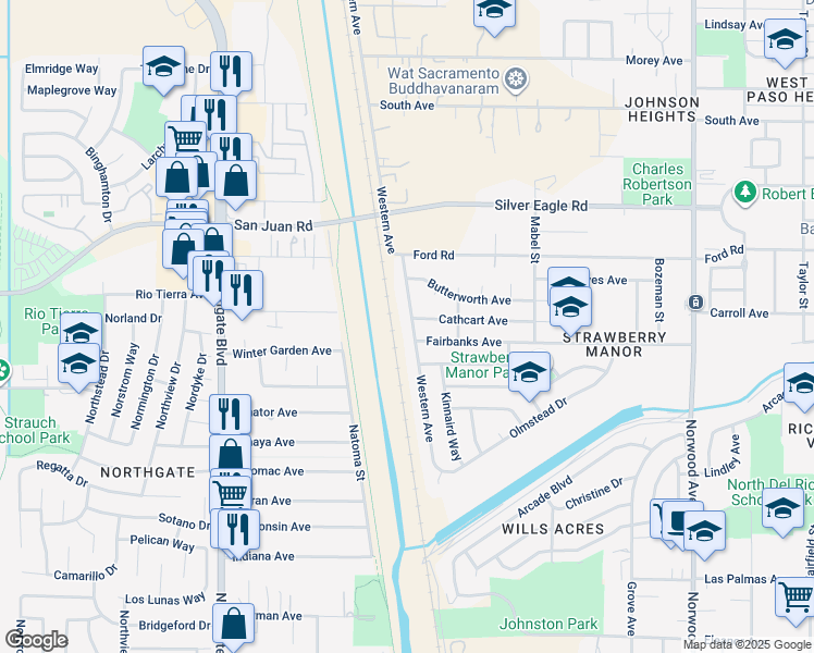 map of restaurants, bars, coffee shops, grocery stores, and more near 3287 Western Avenue in Sacramento