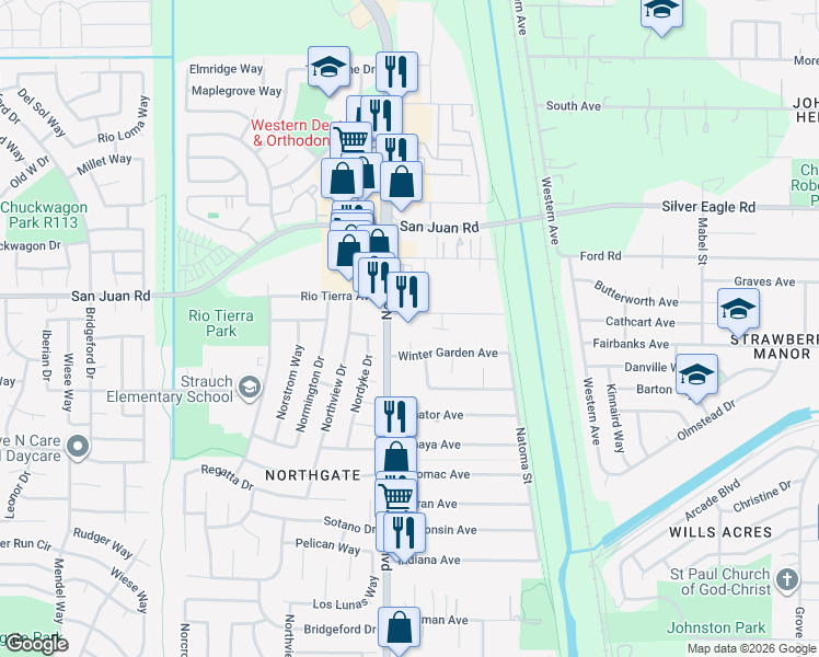 map of restaurants, bars, coffee shops, grocery stores, and more near 3284 Northgate Boulevard in Sacramento