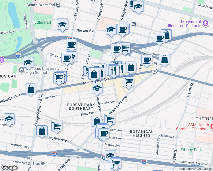 map of restaurants, bars, coffee shops, grocery stores, and more near 4225 Swan Avenue in St. Louis