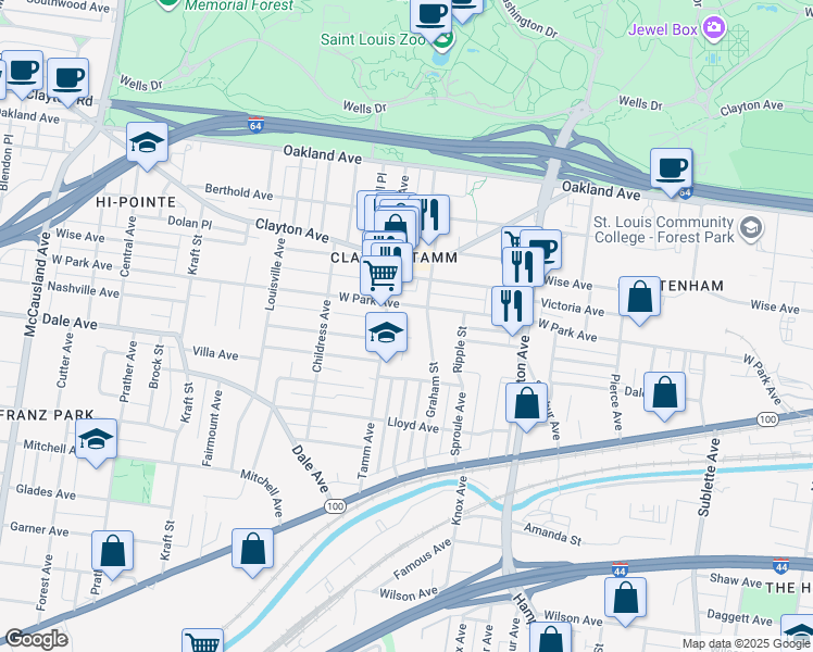 map of restaurants, bars, coffee shops, grocery stores, and more near 6314R West Park Avenue in St. Louis