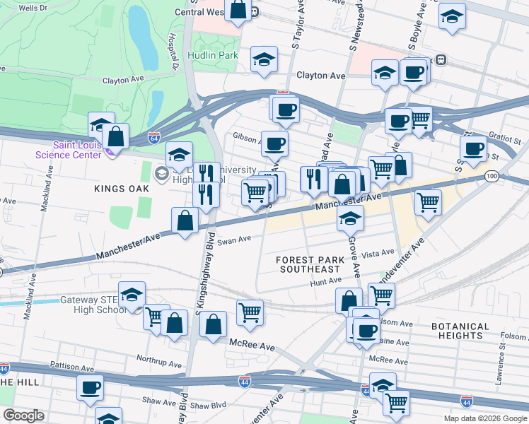 map of restaurants, bars, coffee shops, grocery stores, and more near 4525 Manchester Avenue in St. Louis