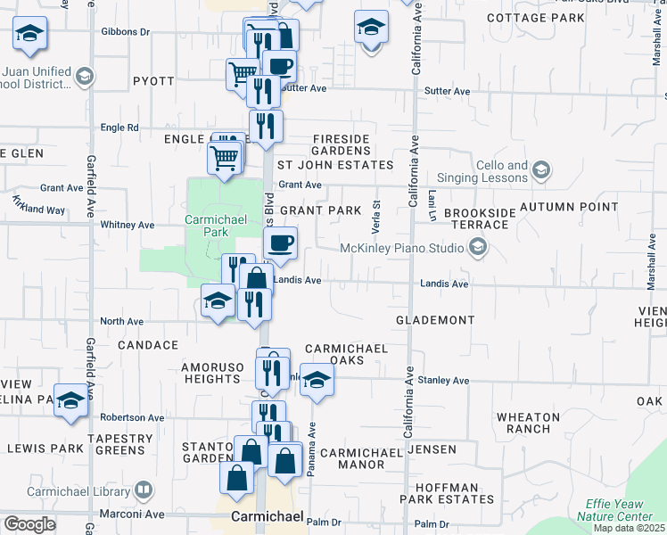 map of restaurants, bars, coffee shops, grocery stores, and more near 3409 Grant Park Drive in Carmichael