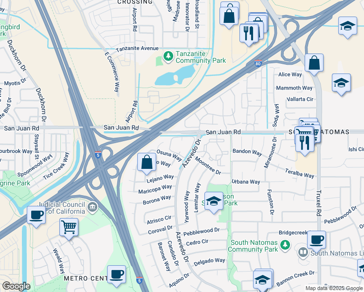 map of restaurants, bars, coffee shops, grocery stores, and more near 3255 Azevedo Drive in Sacramento