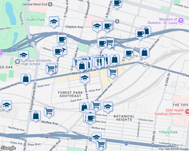 map of restaurants, bars, coffee shops, grocery stores, and more near 4225 Swan Avenue in St. Louis