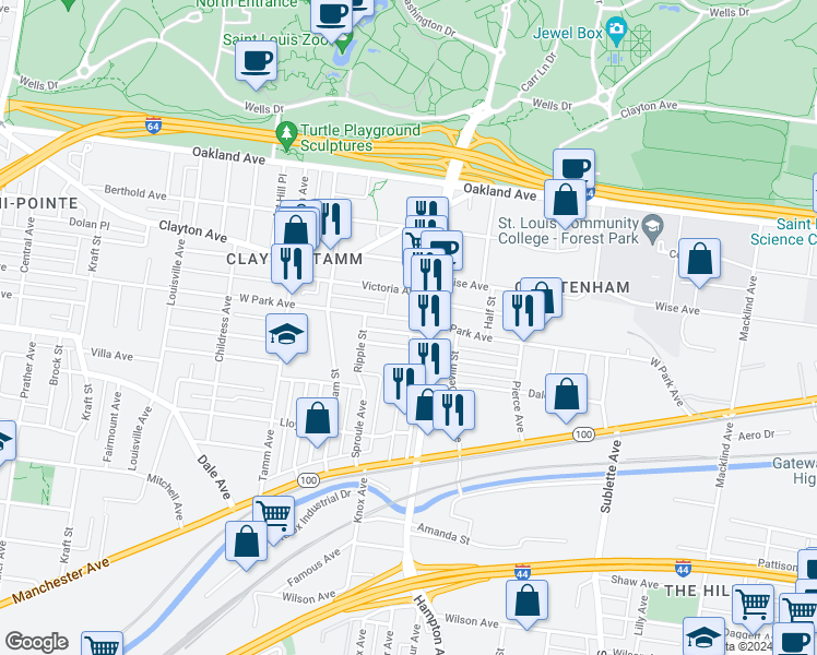 map of restaurants, bars, coffee shops, grocery stores, and more near 6108 West Park Avenue in St. Louis