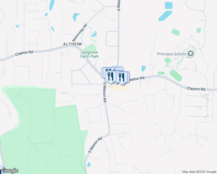map of restaurants, bars, coffee shops, grocery stores, and more near 1128 South Mason Road in St. Louis