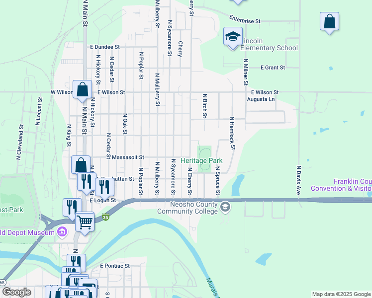 map of restaurants, bars, coffee shops, grocery stores, and more near 712 North Cherry Street in Ottawa