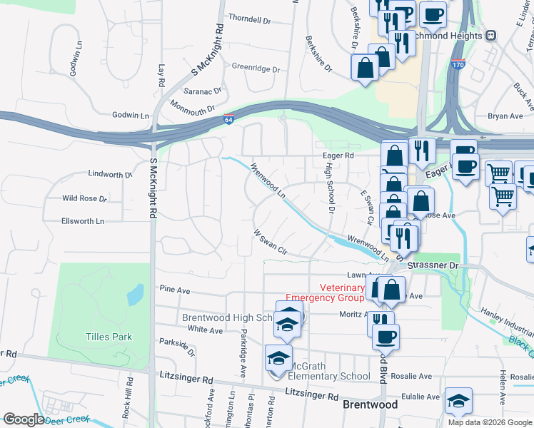 map of restaurants, bars, coffee shops, grocery stores, and more near 1719 Redbird Cove in St. Louis