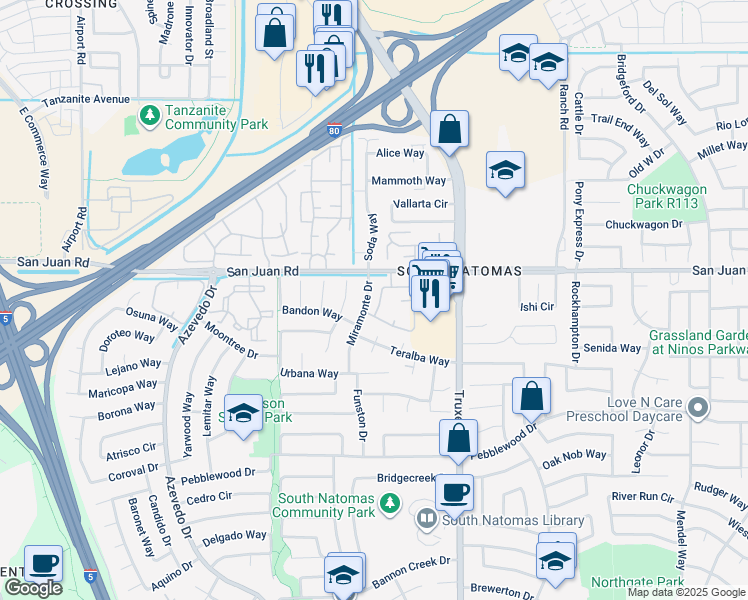 map of restaurants, bars, coffee shops, grocery stores, and more near 201 Del Verde Circle in Sacramento