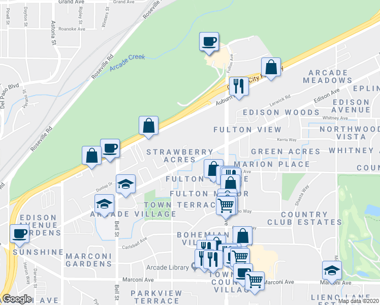 map of restaurants, bars, coffee shops, grocery stores, and more near 2441 Edison Avenue in Sacramento