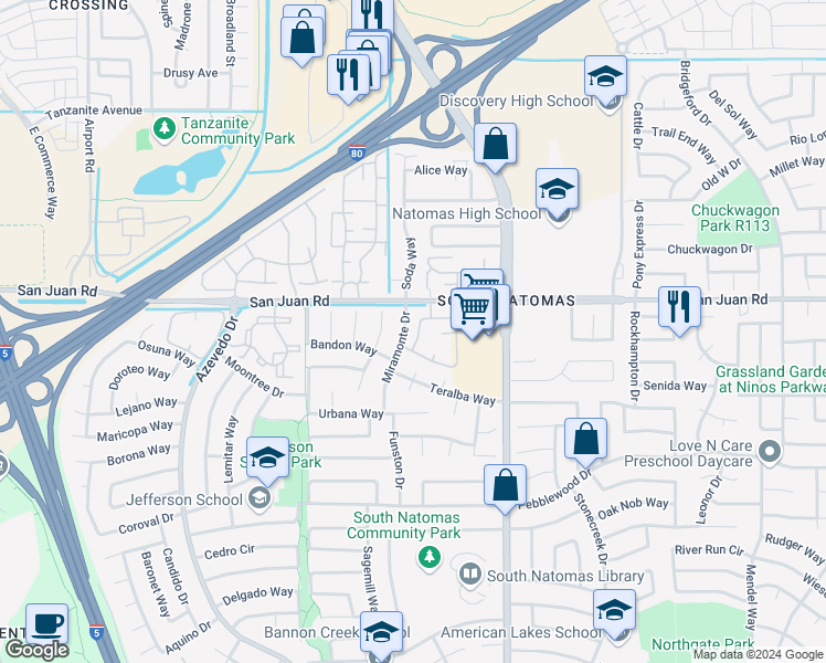 map of restaurants, bars, coffee shops, grocery stores, and more near 351 Del Verde Circle in Sacramento