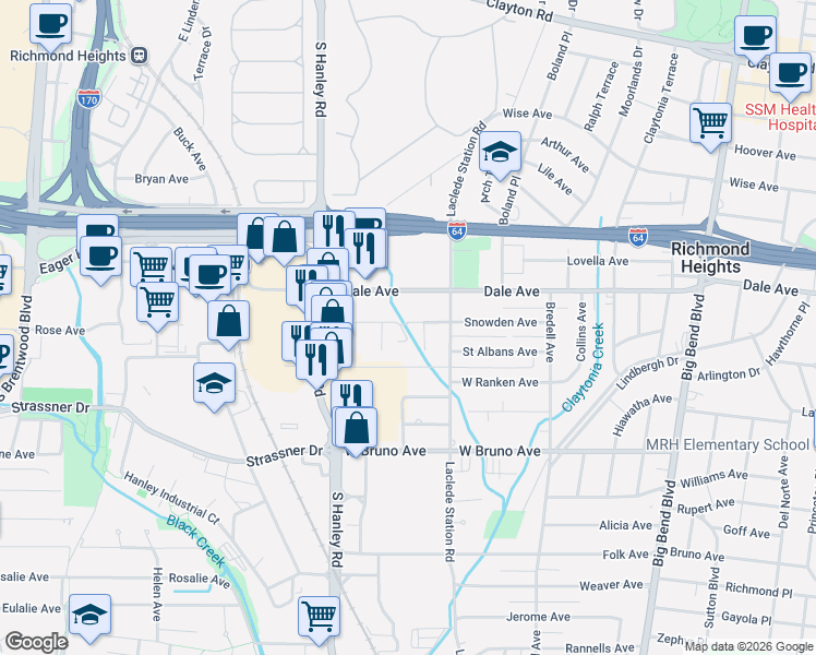 map of restaurants, bars, coffee shops, grocery stores, and more near 7918 Hicks Avenue in St. Louis