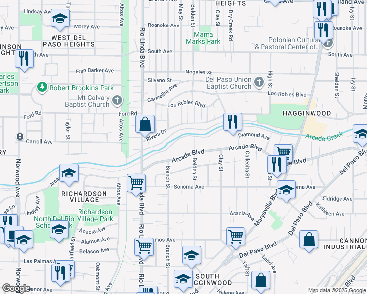 map of restaurants, bars, coffee shops, grocery stores, and more near 1045 Arcade Boulevard in Sacramento