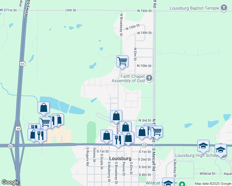 map of restaurants, bars, coffee shops, grocery stores, and more near 606 North Broadway Street in Louisburg