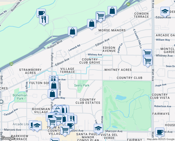 map of restaurants, bars, coffee shops, grocery stores, and more near 3029 Sand Dollar Way in Sacramento